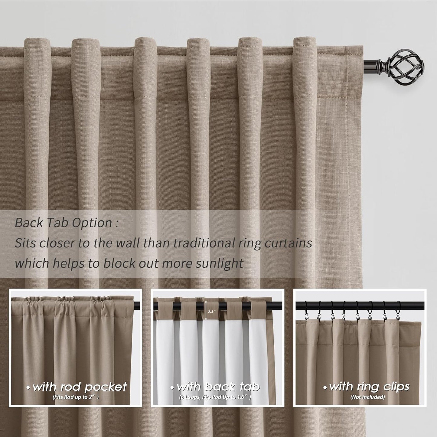 BOODII Light Brown Linen Blackout Curtains for Bedroom 84 Inch Length 2 Panels Set Room Darkening Curtains Black Out Curtain Neutral Thermal Insulated Living Room Nursery Drapes Back Tab 52x84