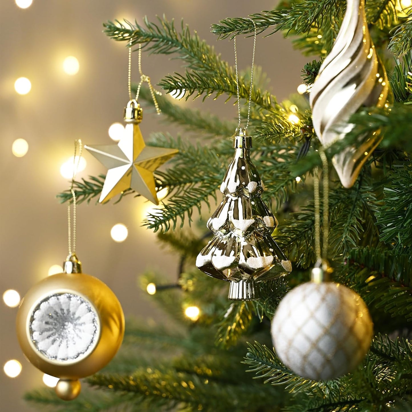 Valery Madelyn Christmas Ball Ornaments, 100ct White and Gold Shatterproof Christmas Tree Decorations Set, Elegant Hanging Ornaments for Xmas Trees Bulk Holiday Wedding Party Decor