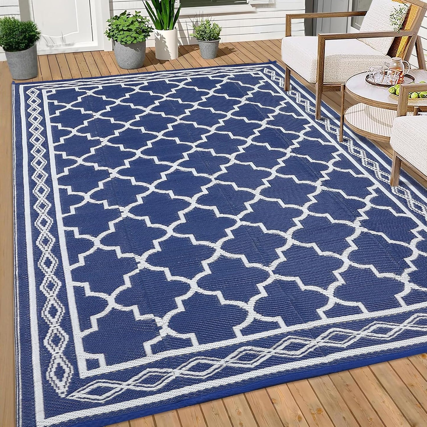 GAOMON Outdoor Rug Waterproof 8'x10', Reversible Outdoor Plastic Straw Rug, Boho Patio Rug, Indoor Outdoor Carpet, RV Mat Outside for Patio, Camp, Picnic, Balcony, Deck, Navy/White(Geometric)