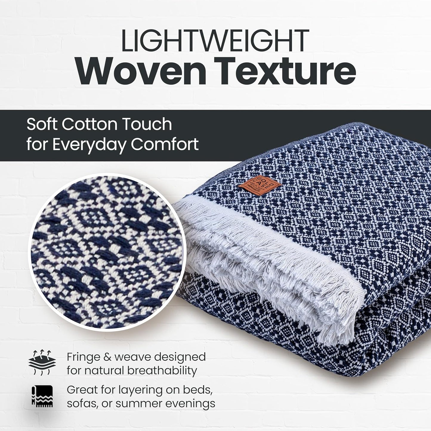 Gold Case Throw Blanket for Bed – 100% Recycled Turkish Cotton Bed Blanket – Decorative Throw Cotton Blankets for Living Room & Bedroom – Retro Navy Blue Woven Queen Blankets – 90x90