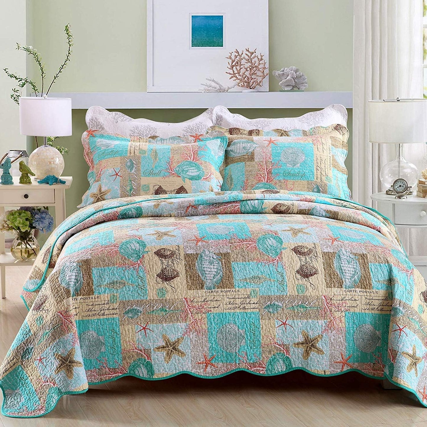 YAYIDAY Quilt King Size Bedspread Set - 100% Cotton Reversible Breathable Star Fish Coral Shell Style Quilted Quilt with Pillow Shams for All Seasons