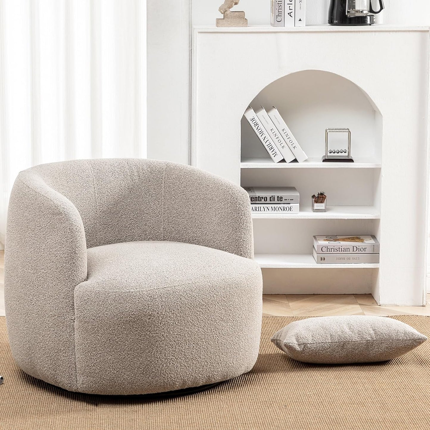 KINWELL 34" Wide Boucle Swivel Barrel Chairs Set of 2, No Assembly Round Upholstered Armchairs Accent Chairs Single Sofa Chair with Toss Pillow for Living Room and Bedroom, Taupe