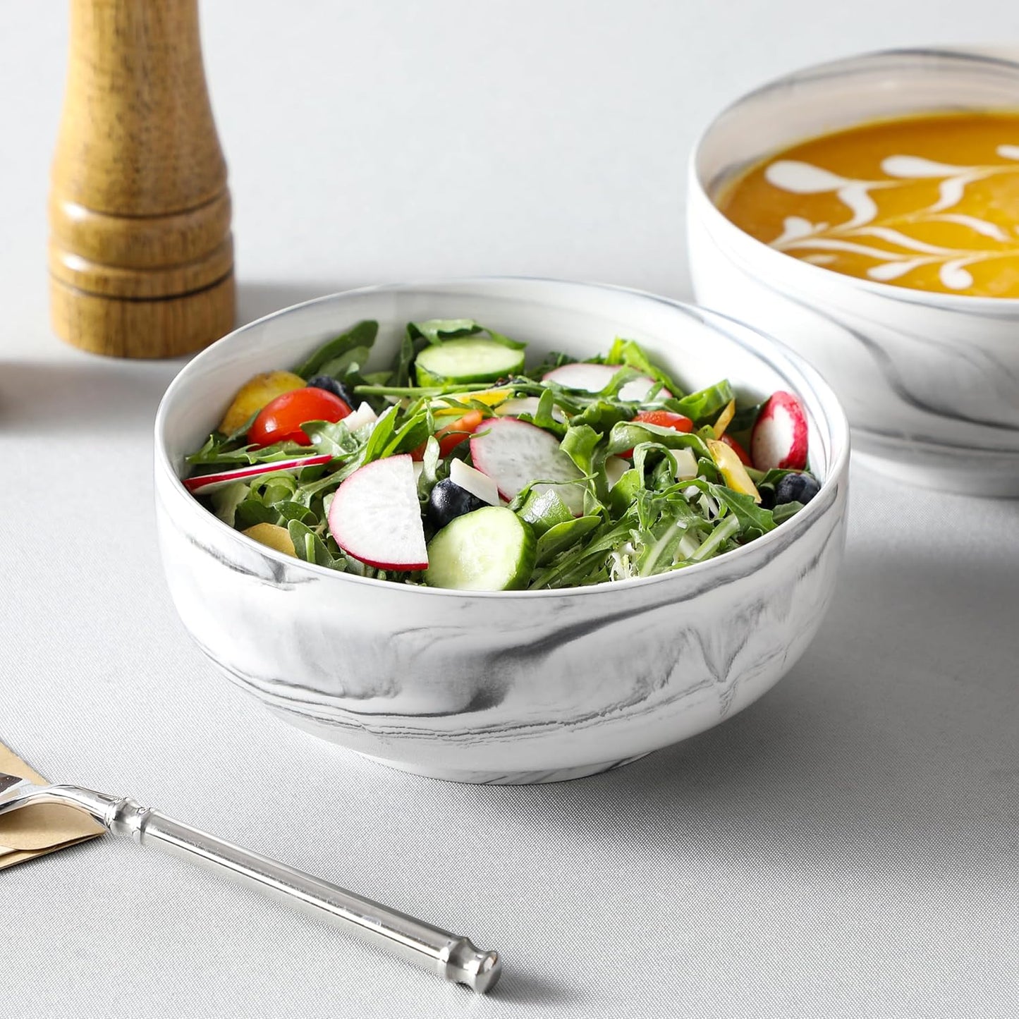 MALACASA Large Soup Bowls Set, 44 OZ (7") Salad Bowls Cereal Bowls Set of 2,Marble Grey Ceramic Bowls for Kitchen, Dishwasher & Microwave Safe, Series REGULAR