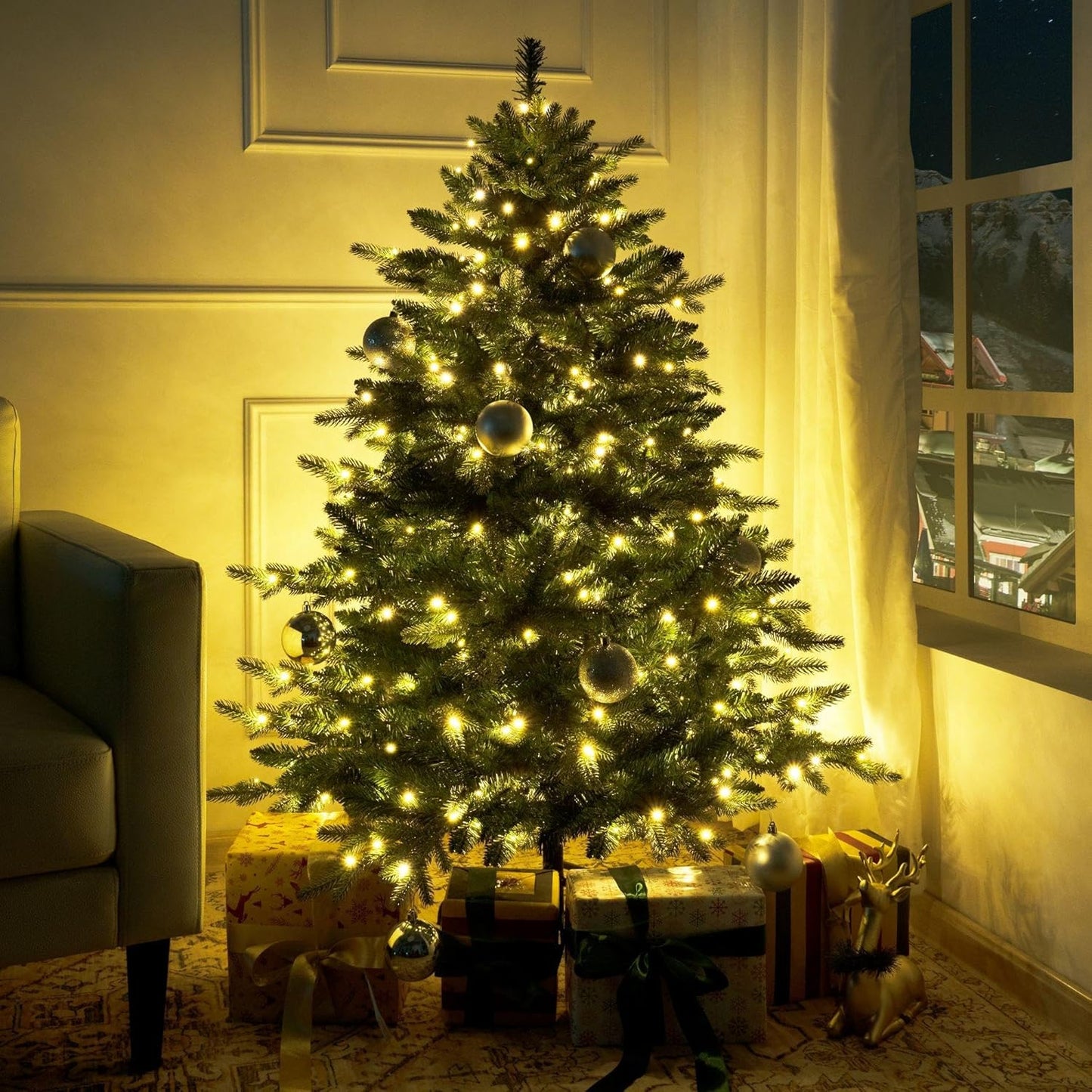 Naomi Home 7.5ft Rustic Christmas Tree with Lights, Realistic Classic Prelit with 3661 Branch Tips, 800 Warm Lights and Metal Stand, Aritificial Tree