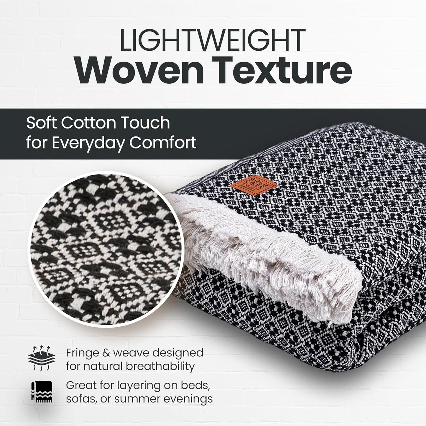Gold Case Throw Blanket for Bed – 100% Recycled Turkish Cotton Bed Blanket – Decorative Throw Cotton Blankets for Living Room & Bedroom – Retro Black Woven Queen Blankets – 90x90