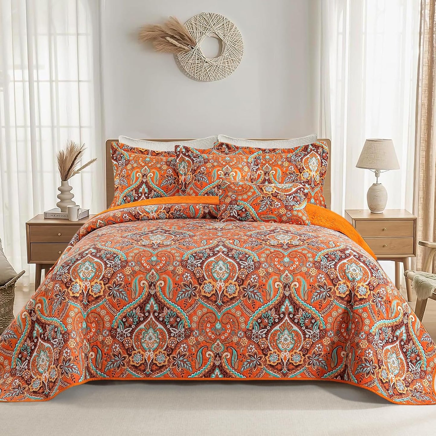 VAPUTAR Quilt California King Size Bedding Set - Cotton California King Quilt (108 * 118 Inch) - Boho Lightweight Reversible Oversized Bedspread for Farmhouse Bedroom (Orange), 3 Pieces