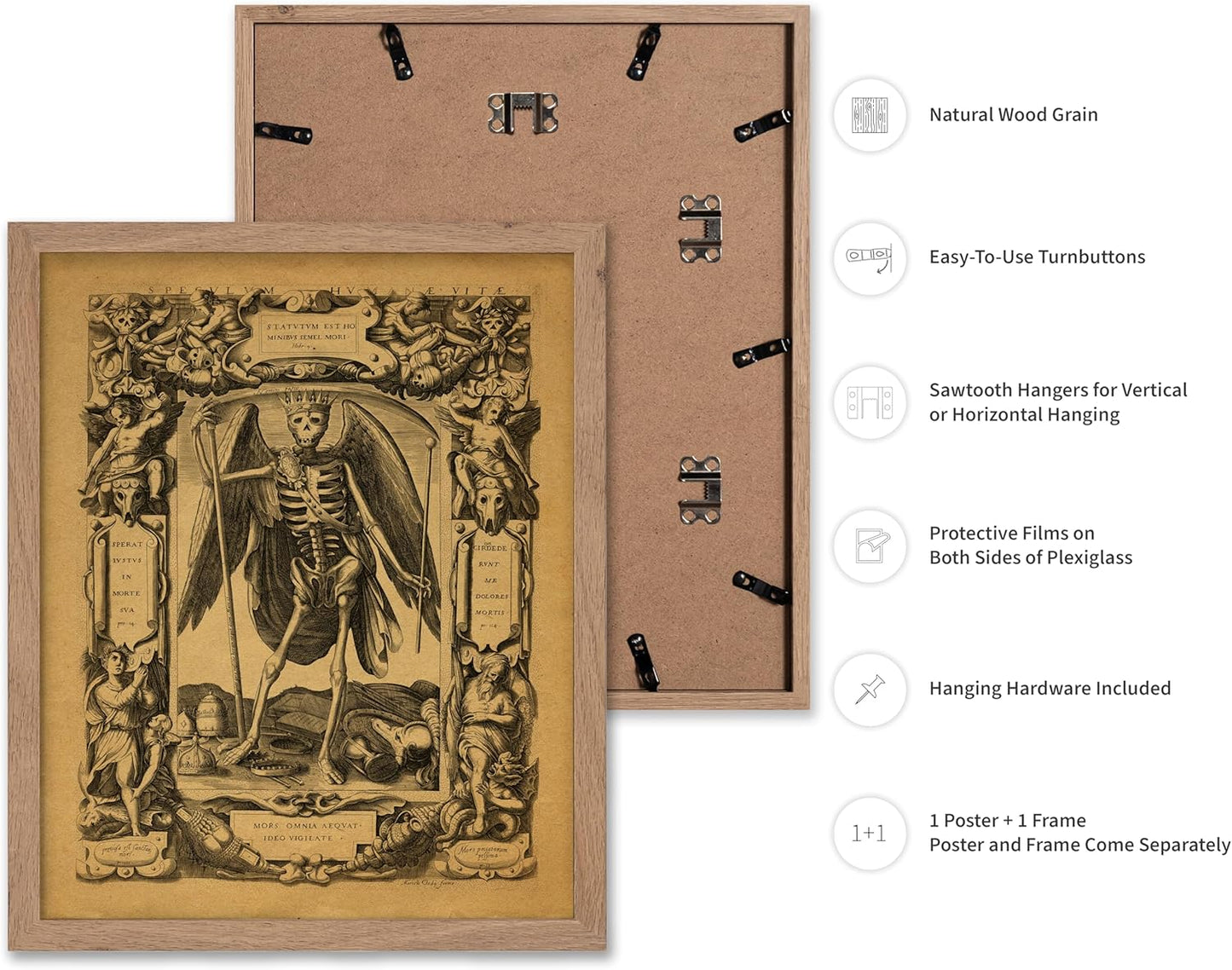 Poster Master Vintage Medieval Poster - Retro Gothic Print - Gift for Artist, Friend - Angel of Death, Memento Mori, Life, Skeleton, Dark - Wall Decor for Home, Living Room, 11x14 Beige Framed