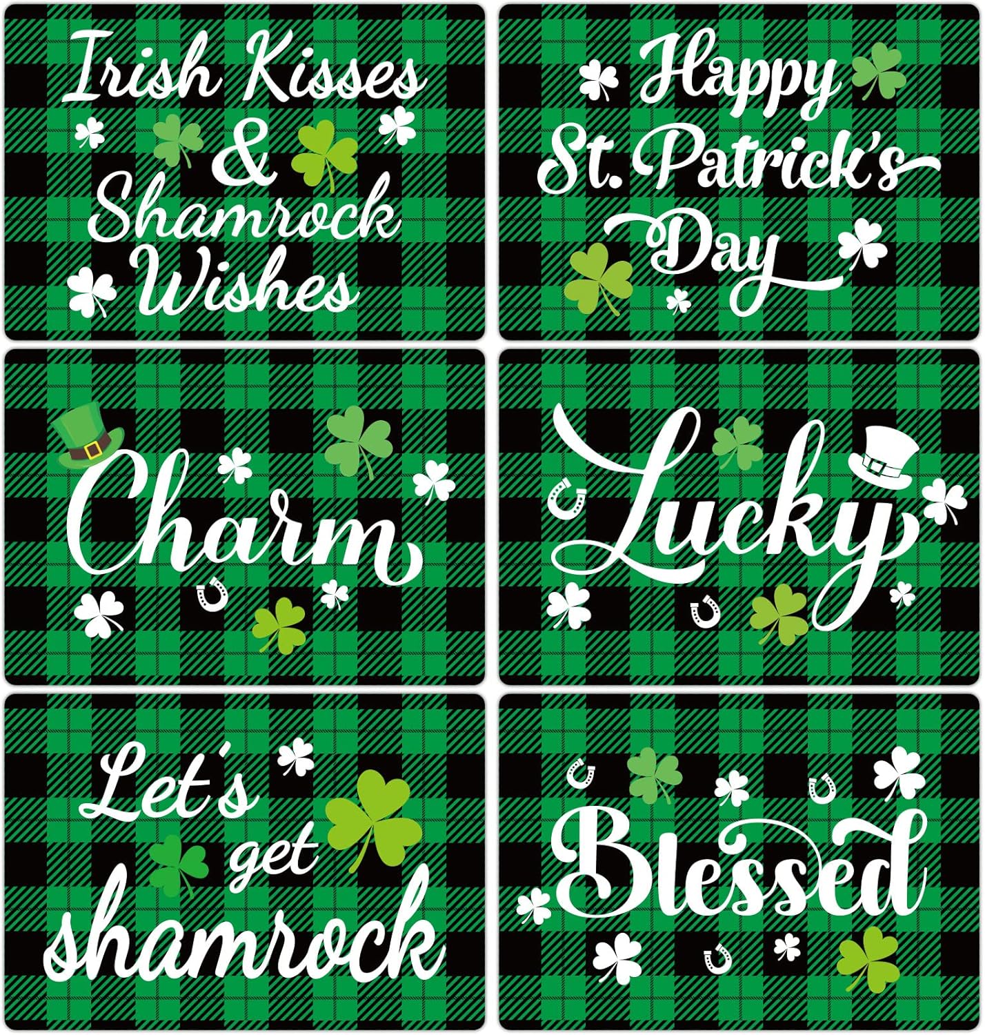 St. Patrick’s Day Placemats Set of 6 Buffalo Plaid Plastic Table Mats Lucky Shamrock Place Mats Blessed Holiday Table Decoration for Indoor Outdoor Party Kitchen Dining