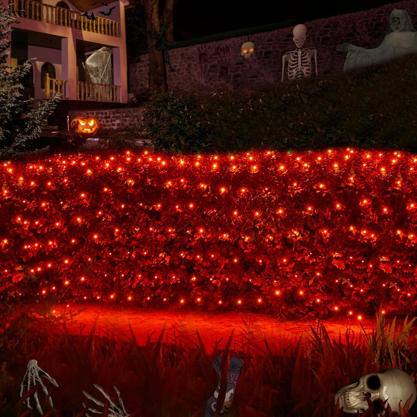 WBao Halloween Lights Outdoor 200LED F8 Big Bulbs, 8.4ft x 5.2ft Halloween Net Lights with 8 Modes, Timer, Connectable, Waterproof & Dark Green Wire for Lawn, Bushes, Trees Outdoor Decorations, Orange