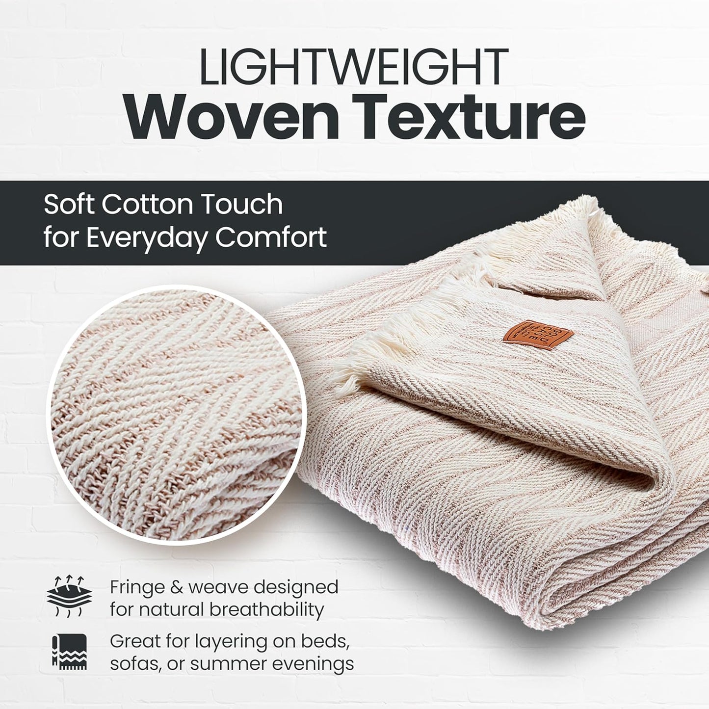 Gold Case Throw Blanket for Couch – 100% Recycled Turkish Cotton Blankets & Throws – Elegant Decorative Throw Blankets for Living Room Sofa – Woven Throws for Couch – Vintage Beige – 50x60