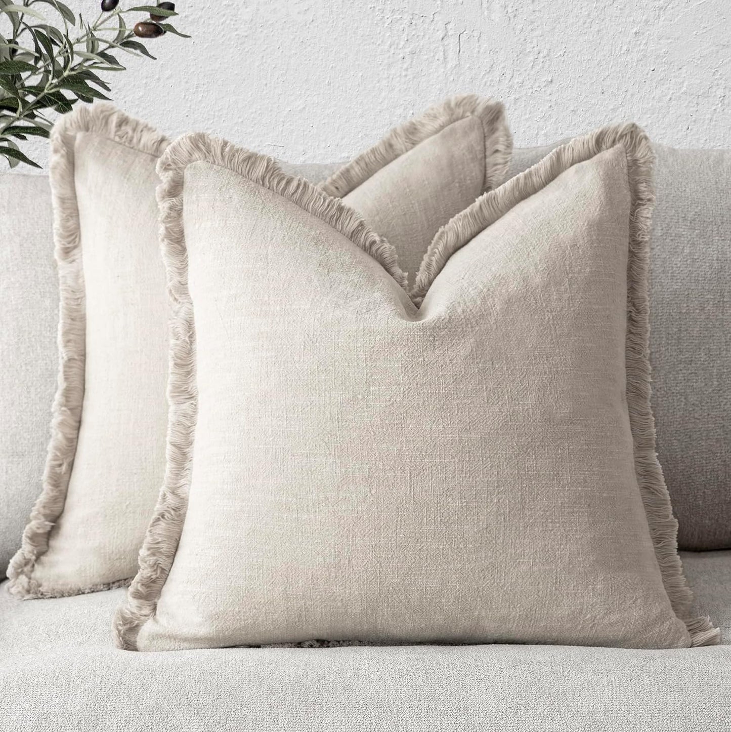 Foindtower Set of 2 Decorative Linen Fringe Throw Pillow Covers Cozy Boho Farmhouse Cushion Cover with Tassels Soft Accent Pillowcase for Couch Sofa Bed Living Room Home Decor, 16×16 Inch, Beige
