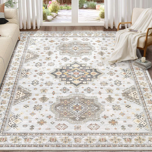 Washable Area Rugs for Living Room - 7x9 Neutral Vintage Distressed Floral Farmhouse Boho Large Soft Floor Rug Indoor Non Slip Carpet for Living Room Bedroom Dining Room Office - Blue Brown