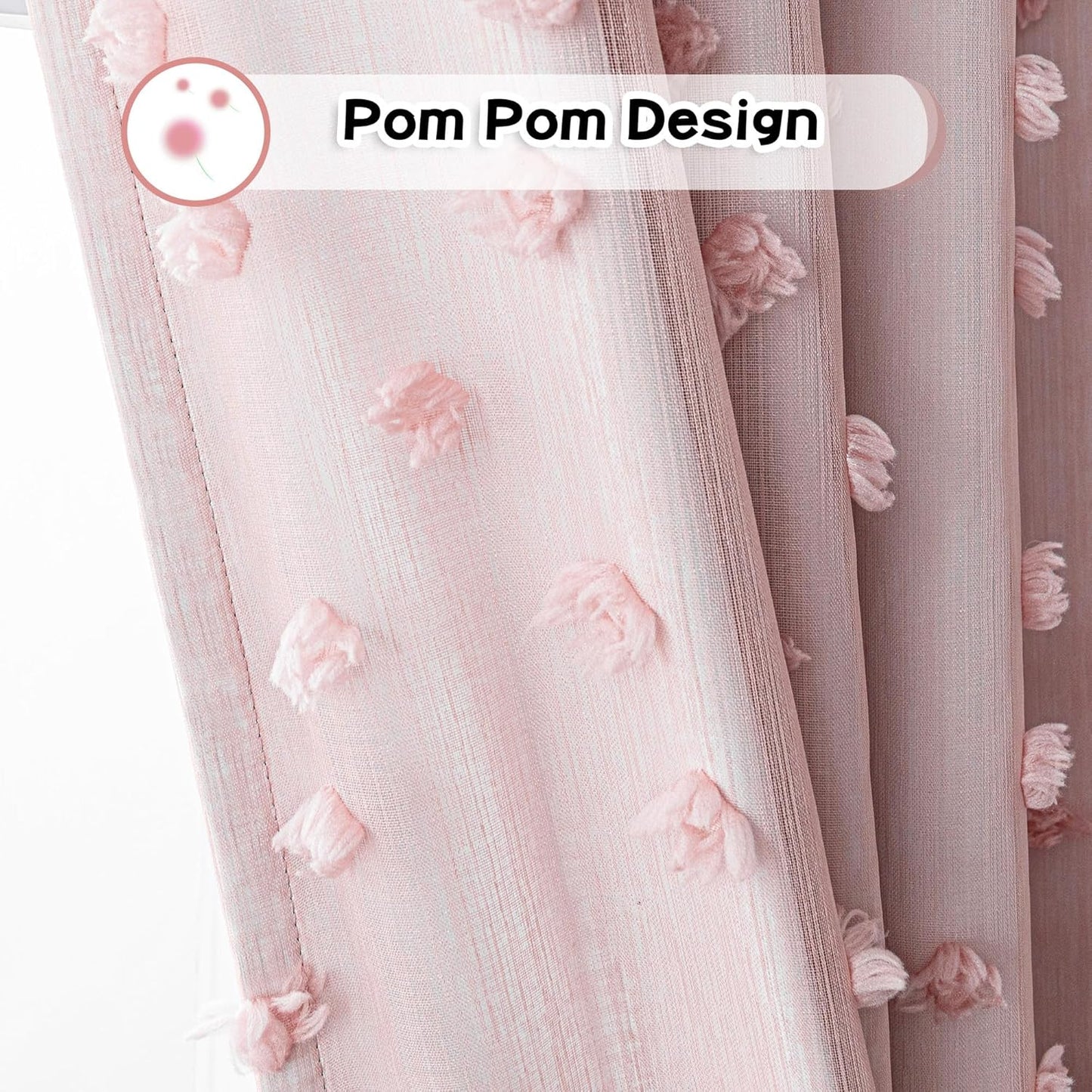 MYSKY HOME 100% Blackout Curtains for Nursery Thermal Insulated Blush Pink Pom Pom Curtain 72 Inch Length for Girls Bedroom 2 Panels Grommet White Sheer Drapes for Kitchen Dining Room Door, 52W x 72L