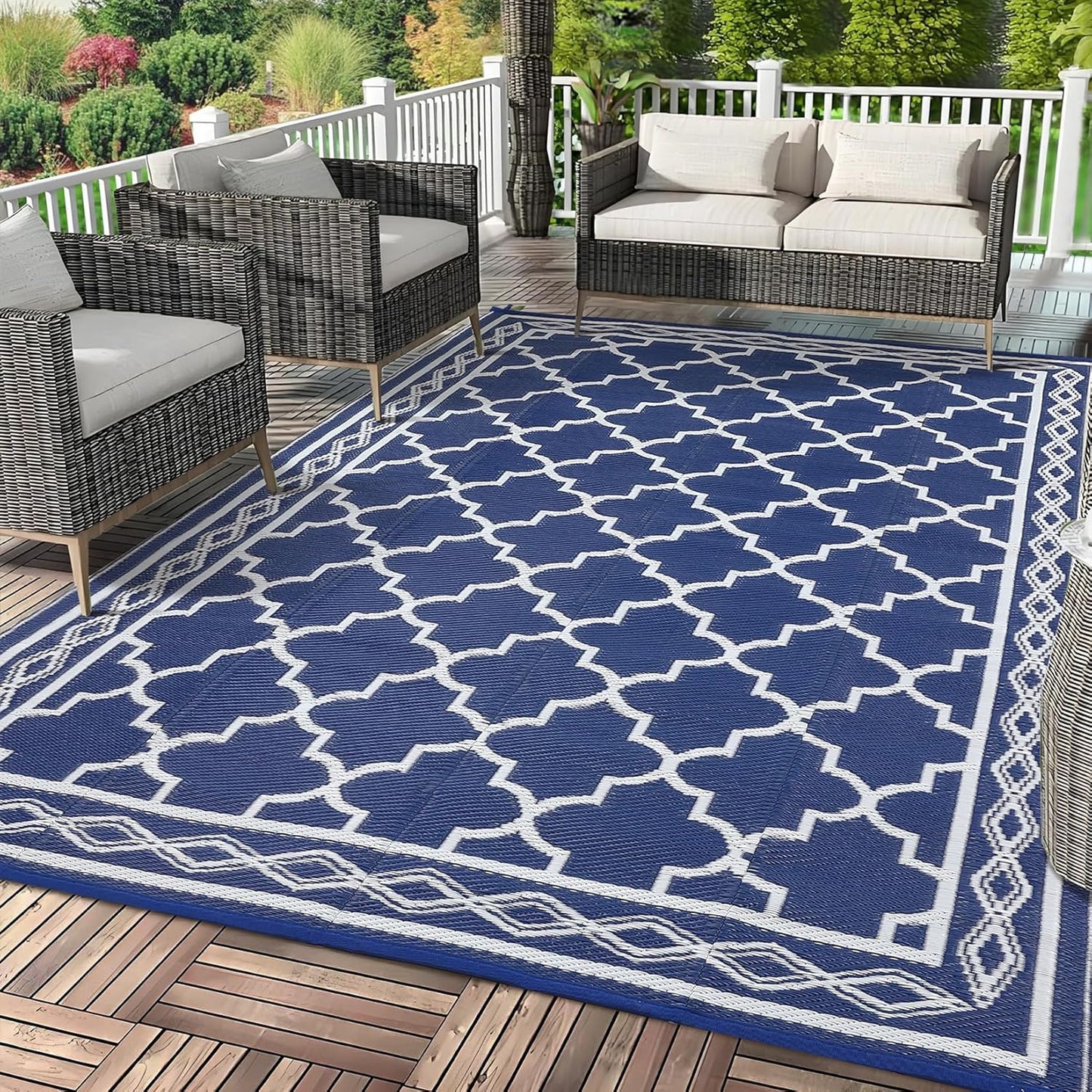 GAOMON Outdoor Plastic Straw Rug, 10'x14' Reversible Sage Green Patio Mat, Flower Modern Design for RV, Backyard, Deck, Camping, Picnic, Navy/White(Geometric)