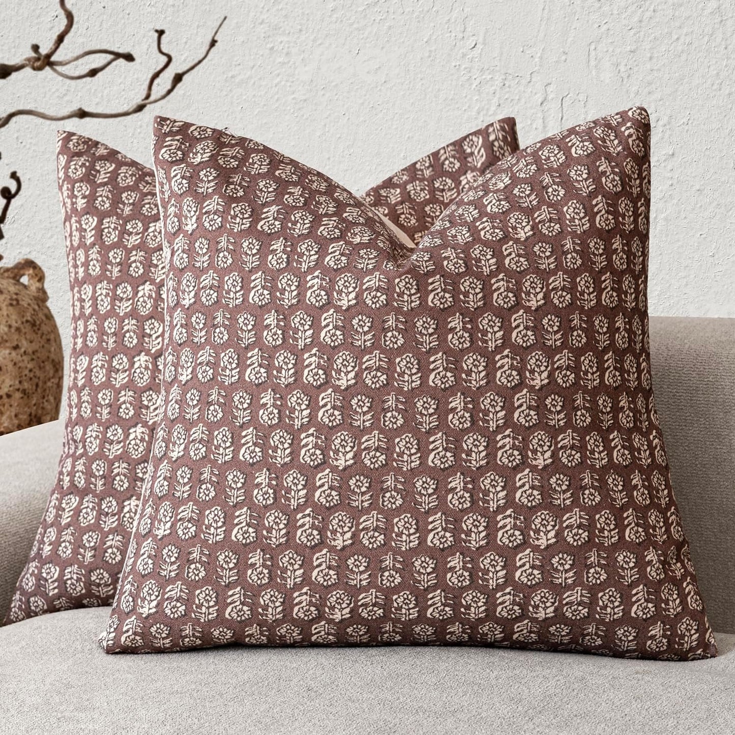Foindtower Set of 2 Decorative Vintage Floral Print Throw Pillow Covers Neutral Modern Farmhouse Cushion Covers Boho Home Decor for Sofa Chair Couch Bedroom Living Room Outdoor,18×18 Inch,Wine Red