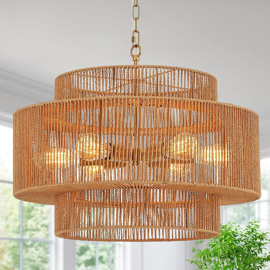 23.6" Rattan Chandelier Light Fixture Vintage 6-Lights Boho Hand-Woven Bamboo Chandeliers Retro Farmhouse 3-Tier Drum Wicker Rattan Golden Chandelier for Dining Room, Kitchen, Living Room