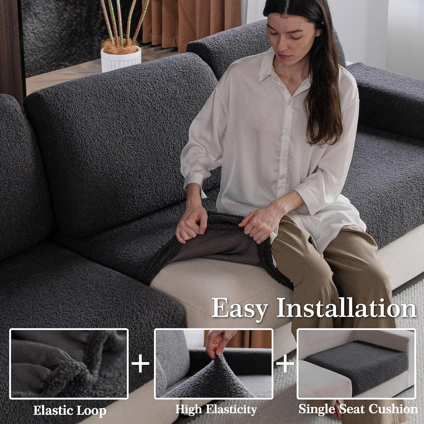 Couch Cushion Covers for Sectional Sofa, Stretch Soft Sofa Slipcovers Washable Wear-Resistant Universal Furniture Protector for Living Room(2 Seaters Covers, Dark Gray)