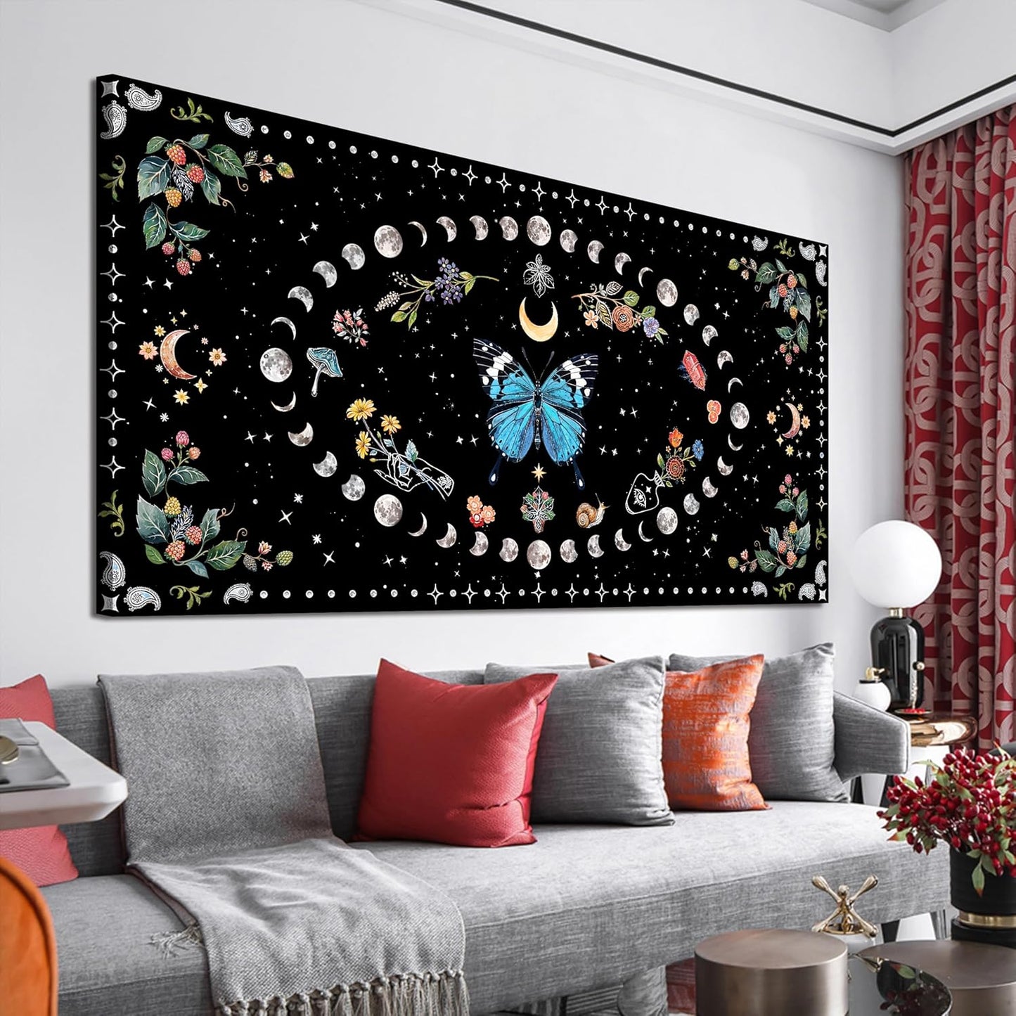 Large Canvas Wall Art Blue Boho Wall art Decor Canvas Art Wall Decor Wall Pictures for Living Room Vintage Butterfly Wall Art Moon Flower Prints Large Artwork for Walls Home Room Decor 29" X 58"