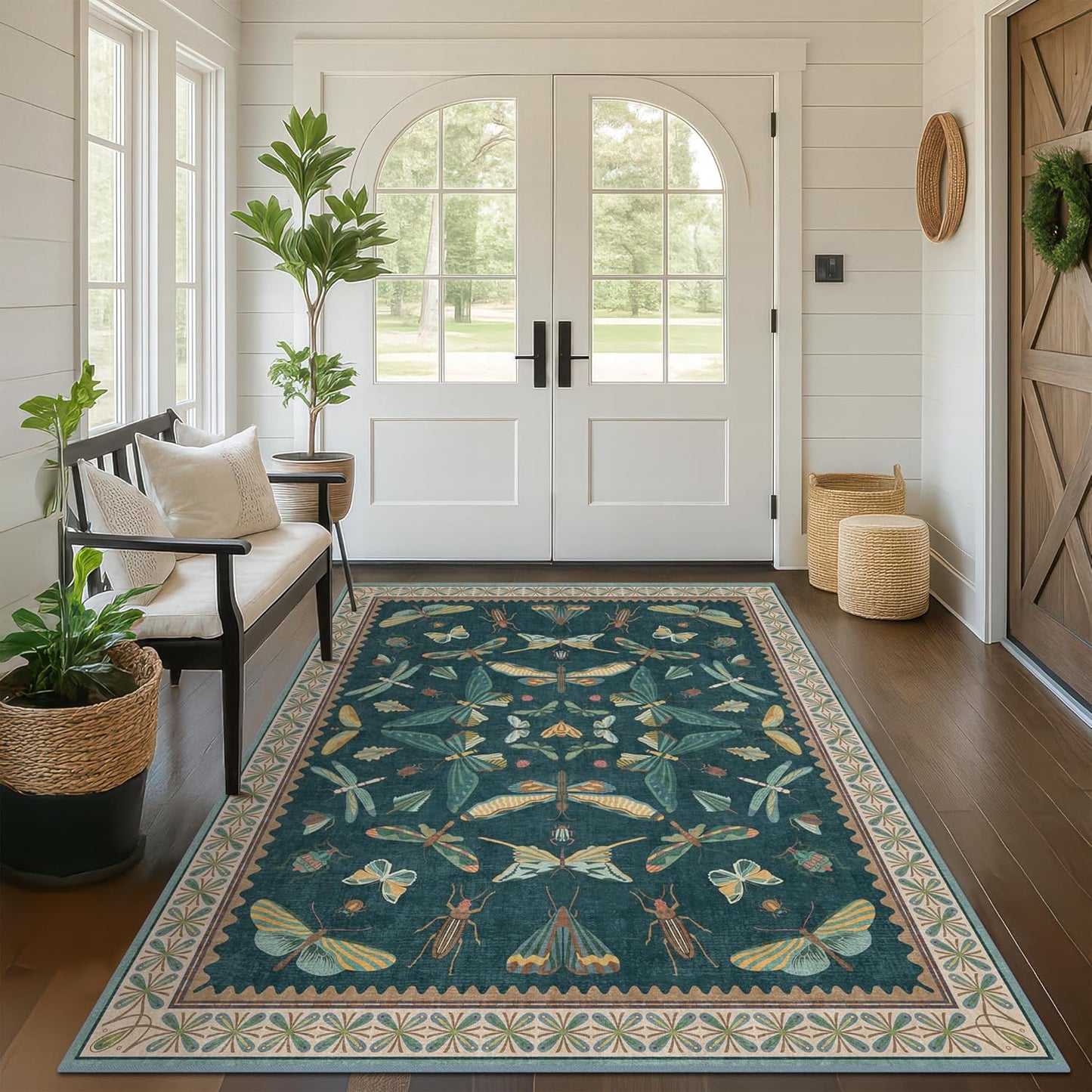 Insect Teal Green 5x7 Area Rug for Living Room - Cottage Core Rug for Bedroom, Dining Room, Kids Playroom, Home Office, Floral Vintage Whimsical Butterfly Washable Non Slip Floor Décor
