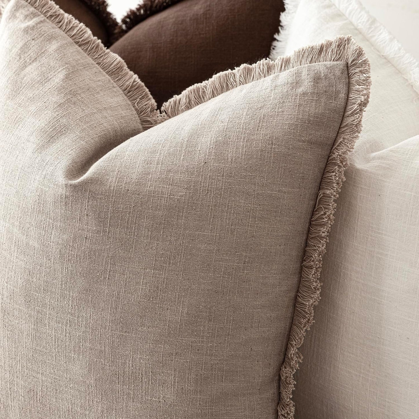 Foindtower Set of 2 Decorative Linen Fringe Throw Pillow Covers Farmhouse Cushion Cover with Tassels Soft Accent Pillowcase for Couch Chair Sofa Bed Living Room Home Decor,16×16 Inch,Natural Linen