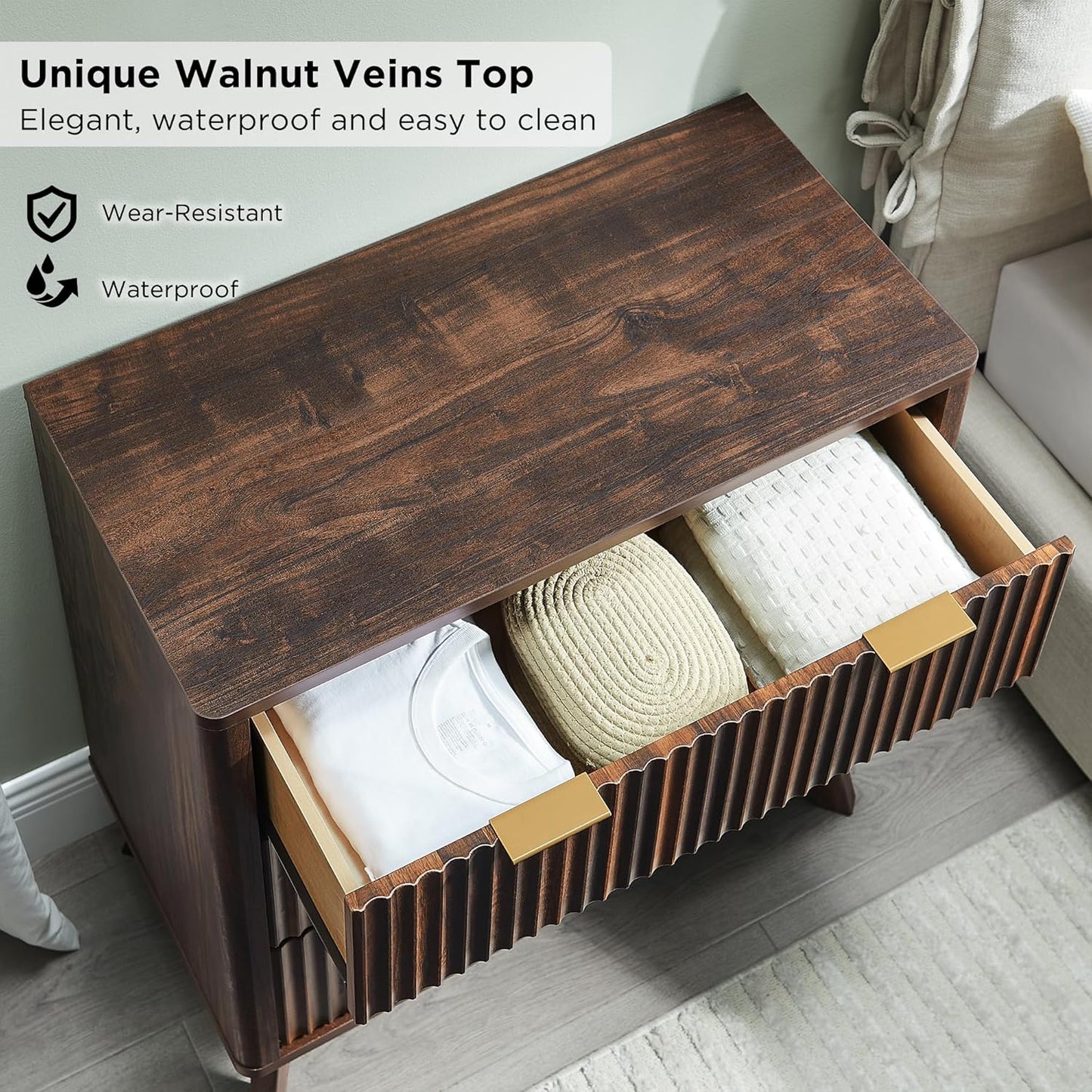 T4TREAM 32" Tall Fluted Nightstand, Modern Side Table, 3 Drawers End Table w/Storage, Bedside Table for Bedroom, Living Room, Curved Profile Design, Dark Walnut