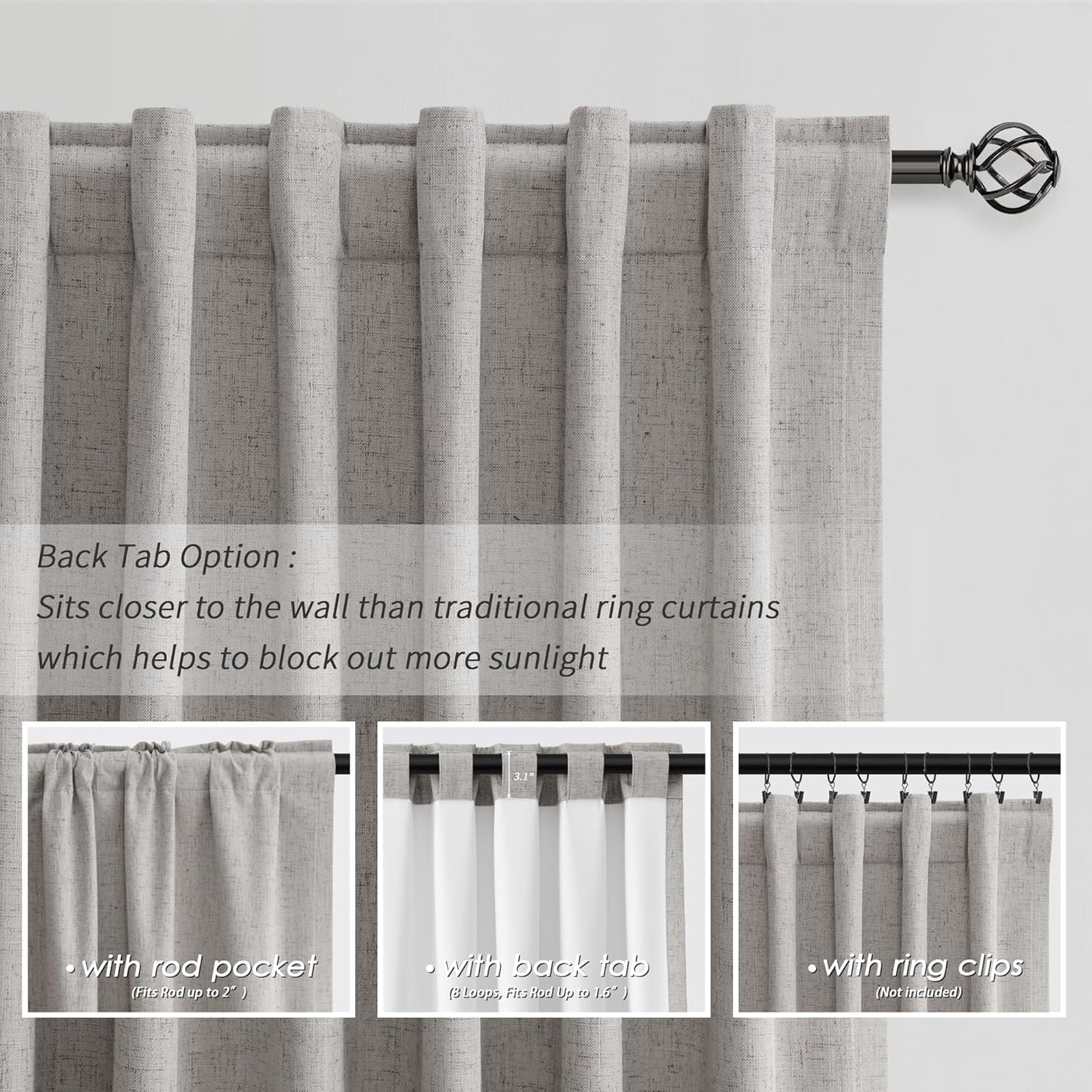 BOODII Linen Blackout Curtains for Bedroom 72 Inch Length 2 Panels Set Room Darkening Curtains Silver Gray Black Out Curtain Neutral Thermal Insulated Living Room Nursery Drapes Back Tab 52x72