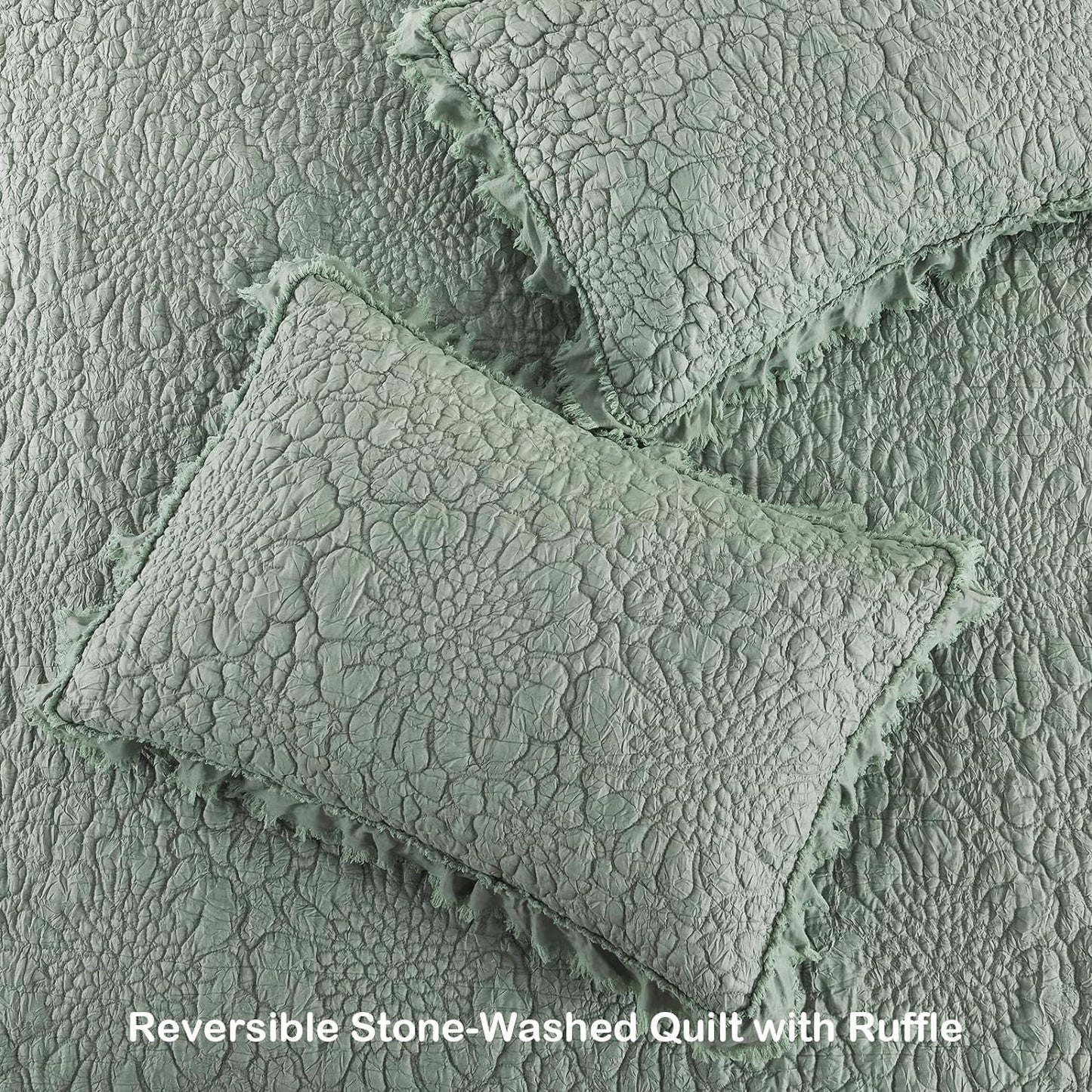 HORIMOTE HOME Sage Green Ruffled Quilt Queen Size, Stone-Washed Microfiber Lightweight Crinkled Farmhouse Rustic Shabby Chic Bedding Set, 3 Pieces Reversible Bedspread with Pillow Shams for All Season