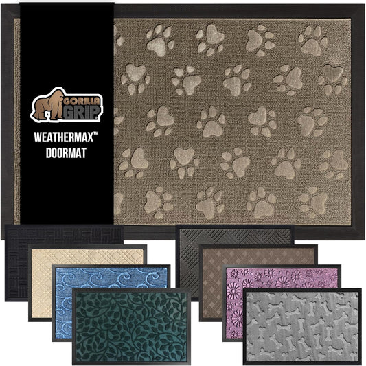 GORILLA GRIP 100% Waterproof All-Season WeatherMax Doormat, 47x35, US Designed Natural Rubber, Stain and Fade Resistant, Low Profile Indoor Outdoor Door Mats, Easy Clean Patio Mat, Tan Pawprints