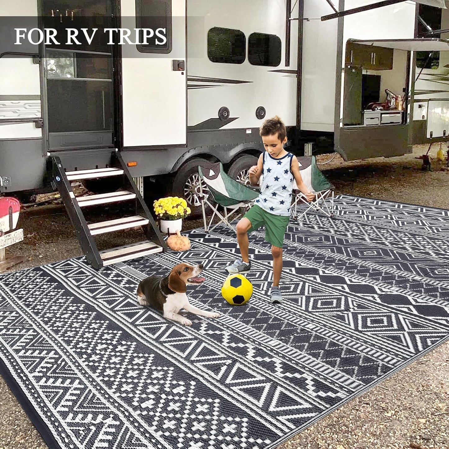 GAOMON Outdoor Rug Waterproof 8'x10', Reversible Outdoor Plastic Straw Rug, Boho Patio Rug, Indoor Outdoor Carpet, RV Mat Outside for Patio, Camp, Picnic, Balcony, Deck, Grey/White(Bohemia)