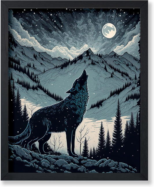 Poster Master Vintage Illustration Poster - Retro Animal Print - Gift for Artist, Friend - Wolf Howling at the Moon, Mountain, Snow, Landscape - Wall Decor for Home, Office, 18x24 Unframed Wall Art