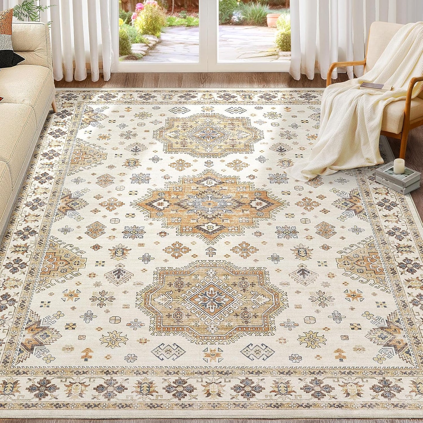 Washable Area Rugs for Living Room - 7x9 Neutral Vintage Distressed Floral Farmhouse Boho Large Soft Floor Rug Indoor Non Slip Carpet for Living Room Bedroom Dining Room Office - Orange/Yellow/Beige