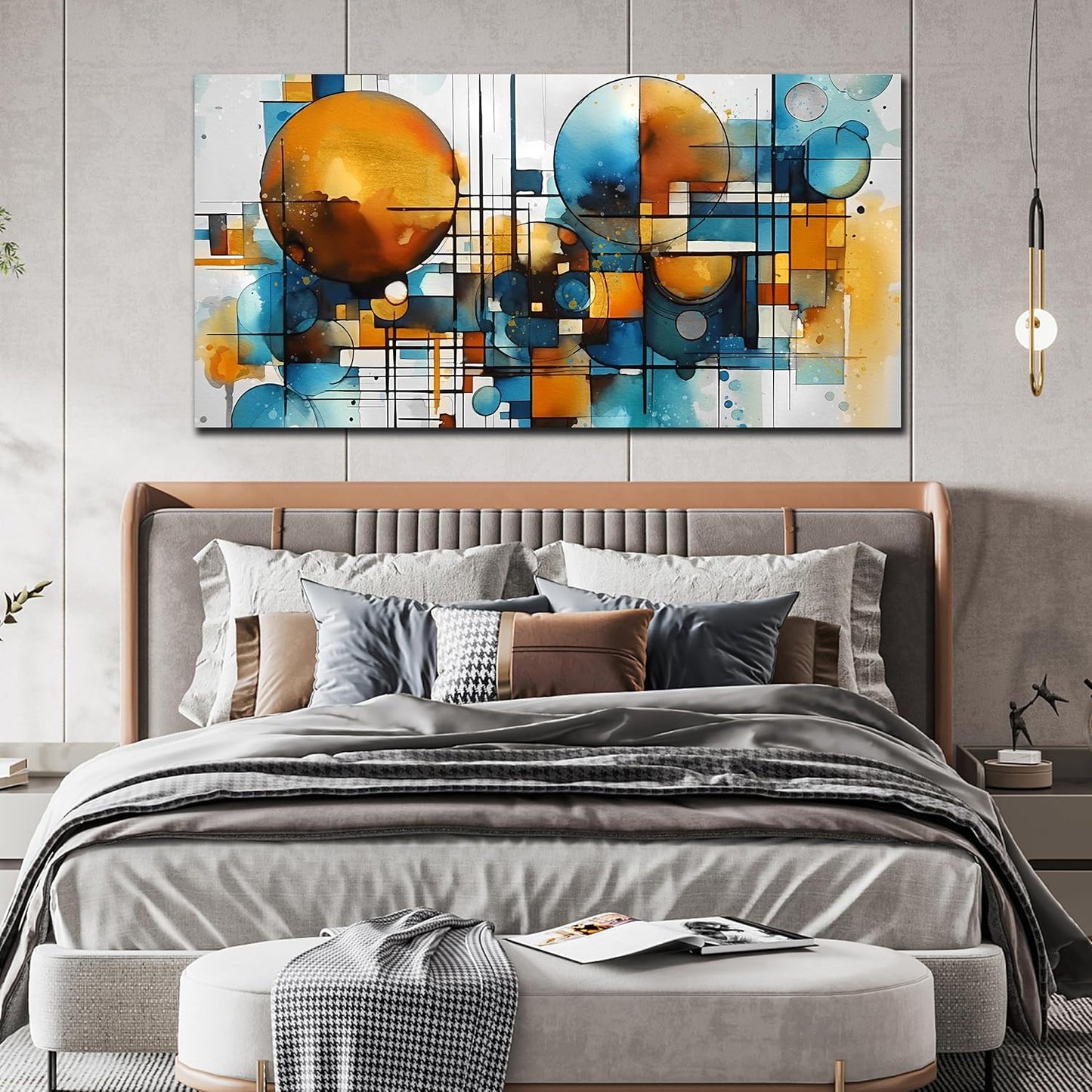 ENTANUB Abstract Wall Art for Living Room, Circle Canvas Wall Decor for Bedroom, Orange and Blue Print Paintings Artwork, Size 29x59 Inches
