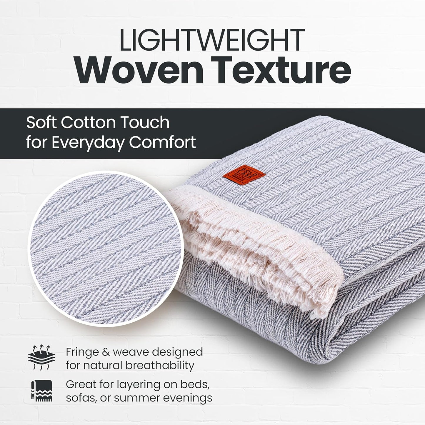 Gold Case Throw Blanket for Bed – 100% Recycled Turkish Cotton Bed Blanket – Decorative Throw Cotton Blankets for Living Room & Bedroom – Vintage Grey Woven Queen Blankets – 90x90