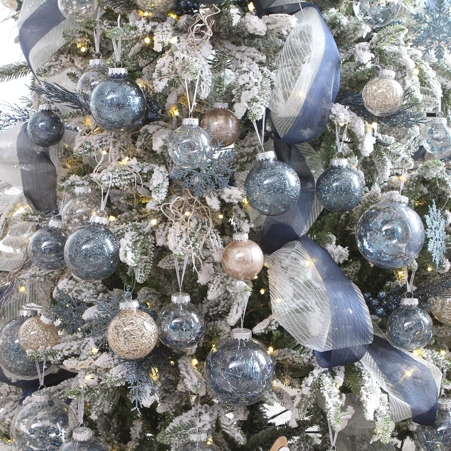 Sea Team Multi-Size Shatterproof Clear Plastic Christmas Tree Ball Ornaments Set, Decorative Hanging Transparent Xmas Baubles with Stuffed Delicate Decorations (25 Counts, Stone Blue)