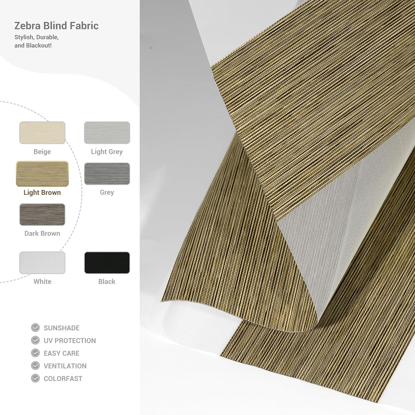 Cordless Zebra Blinds for Windows, Blackout Interior Blinds,Easy to Install,UV Protection,for Offices and Home,Custom Roller Shades, Mousse Light Bown,48" W x 72" H