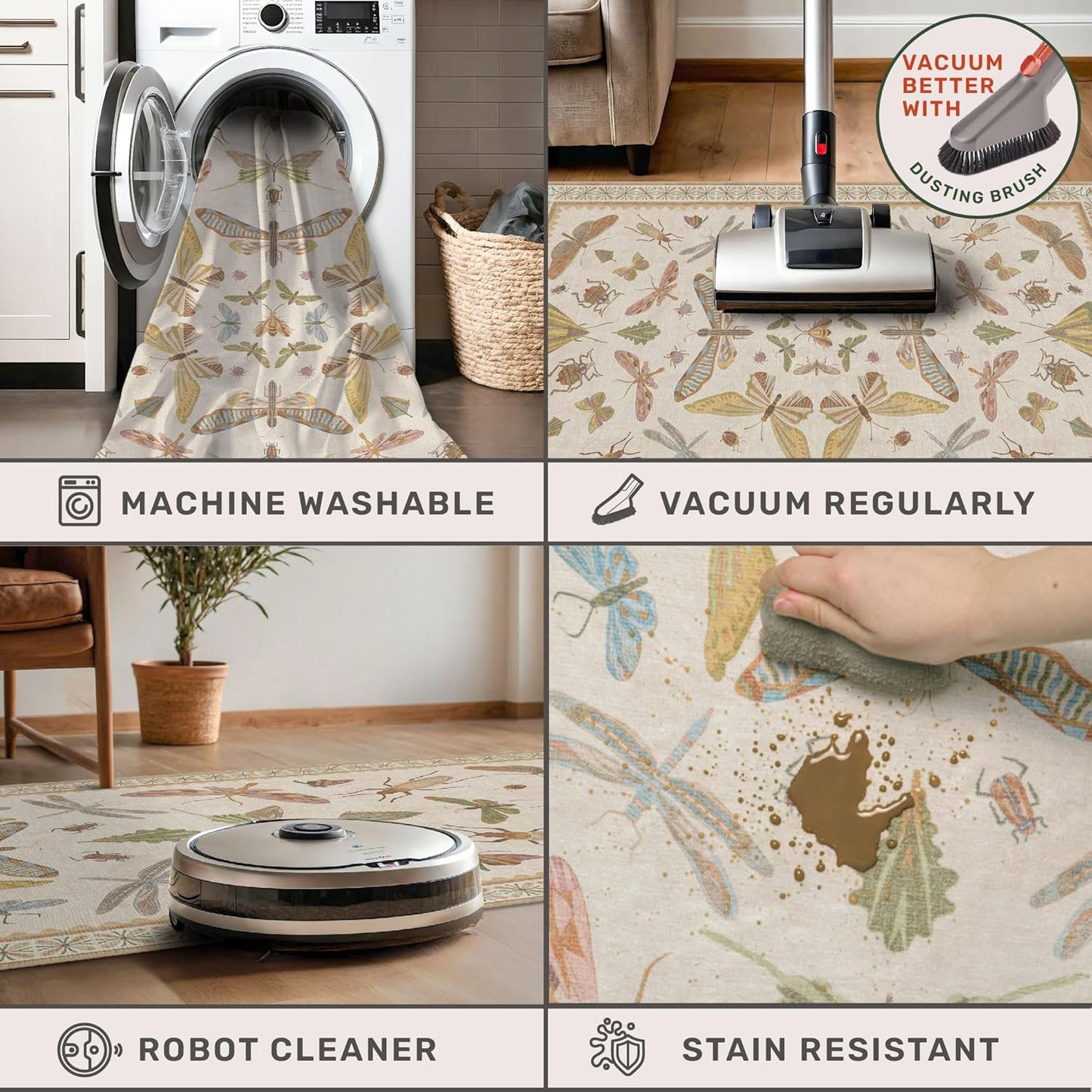 8 ft Long Hallway Rug - 2'6''x8' Wide Kitchen Runner Rug, Non-Slip & Stain Resistant Long Floor Rug, Neutral Beige Boho Floral Insect Decor