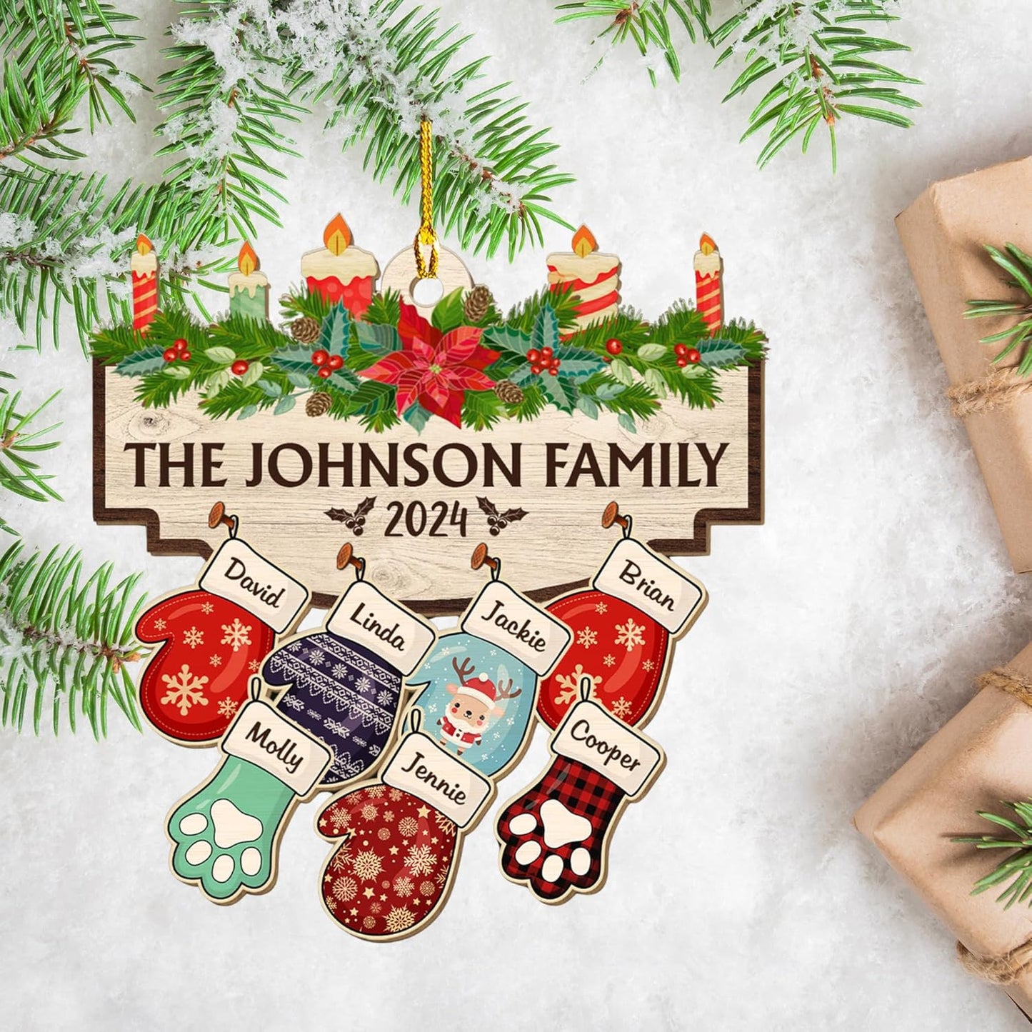 Family with Pet Ver 2 - Personalized Custom Wood Ornament, Family Gloves Christmas Ornament 2024, Xmas Ornament Gifts for Family Tree Decoration (A06, 7 Names)