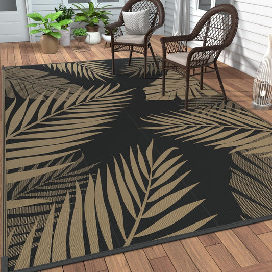 GENIMO Outdoor Rug 8' x 16' Waterproof for Patios Clearance, Reversible Outdoor Plastic Straw Camping Rug Carpet, Large Area Rugs Mats for RV, Camper, Deck, Balcony, Porch, Beach, Picnic, Black&Brown