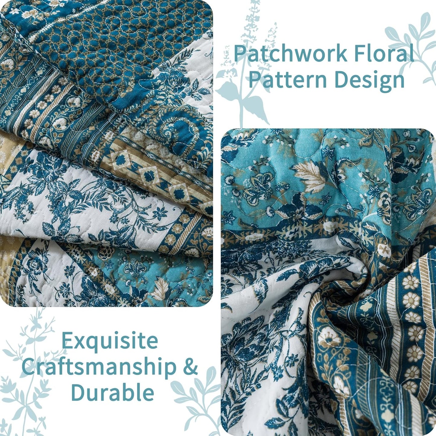 VAPUTAR Quilts King Size - Soft King Quilt Bedding Set with Floral Pattren - 3 Pieces Patchwork Cotton King Bedspreads Set for Farmhouse Bedroom (Dream Blue)