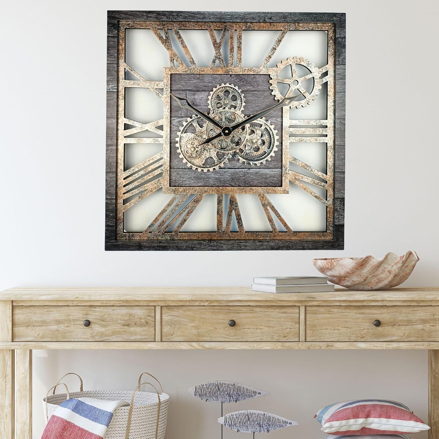 The Gears Clock 24'' Inch Square Real Moving Gear Wall Clock Vintage Industrial Oversized Rustic Farmhouse (Carbon Grey)