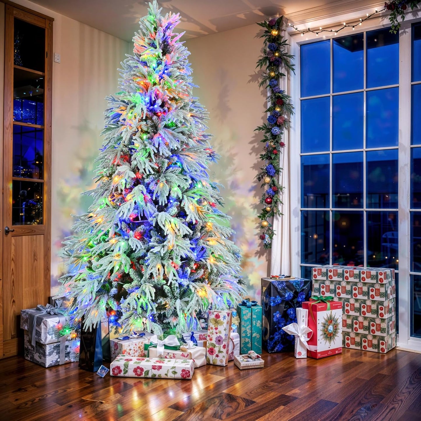 7.5FT Pre-Lit Spruce Snow Flocked Artificial Christmas Tree - Xmas Tree for Christmas,350 Multi-Color LED Lights and 1389 Branch Tips, Xmars Trees for Home Office Christmas Decor