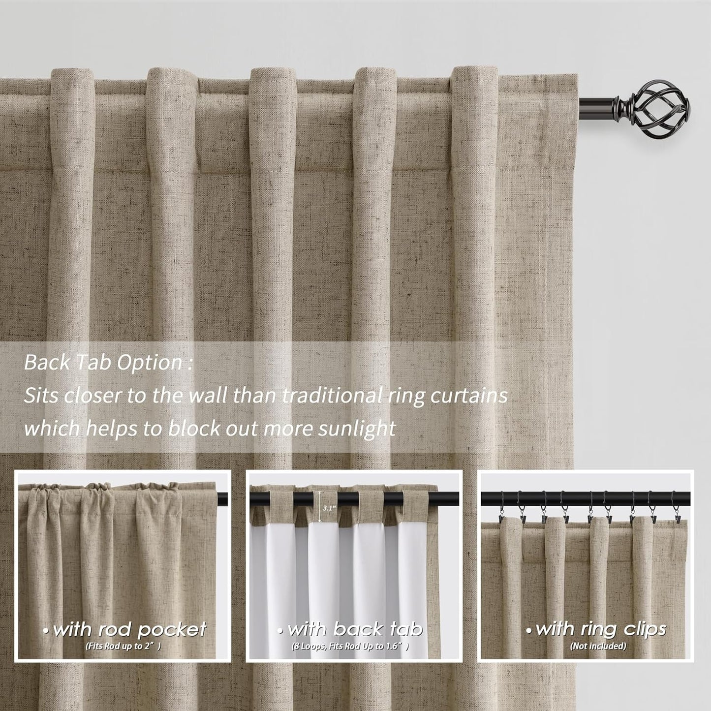 BOODII 100% Blackout Curtains for Bedroom 95 Inch Length 2 Panels Set Room Darkening Linen Curtains Khaki Black Out Curtain Neutral Thermal Insulated Living Room Nursery Drapes Back Tab 52x95
