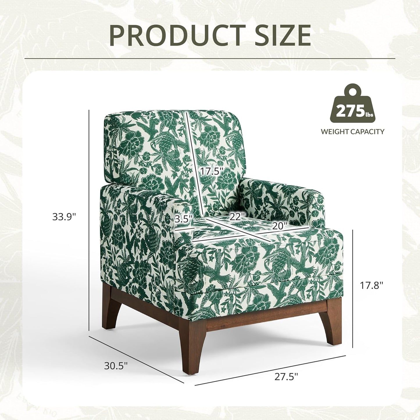 Floral Accent Armchair Set of 2, Retro Wingback Upholstered Armchair with Wide Dipped Back Design and Wooden Legs, High Back Armchair, Leisure Single Sofa Chair for Living Room, Bedroom, Green