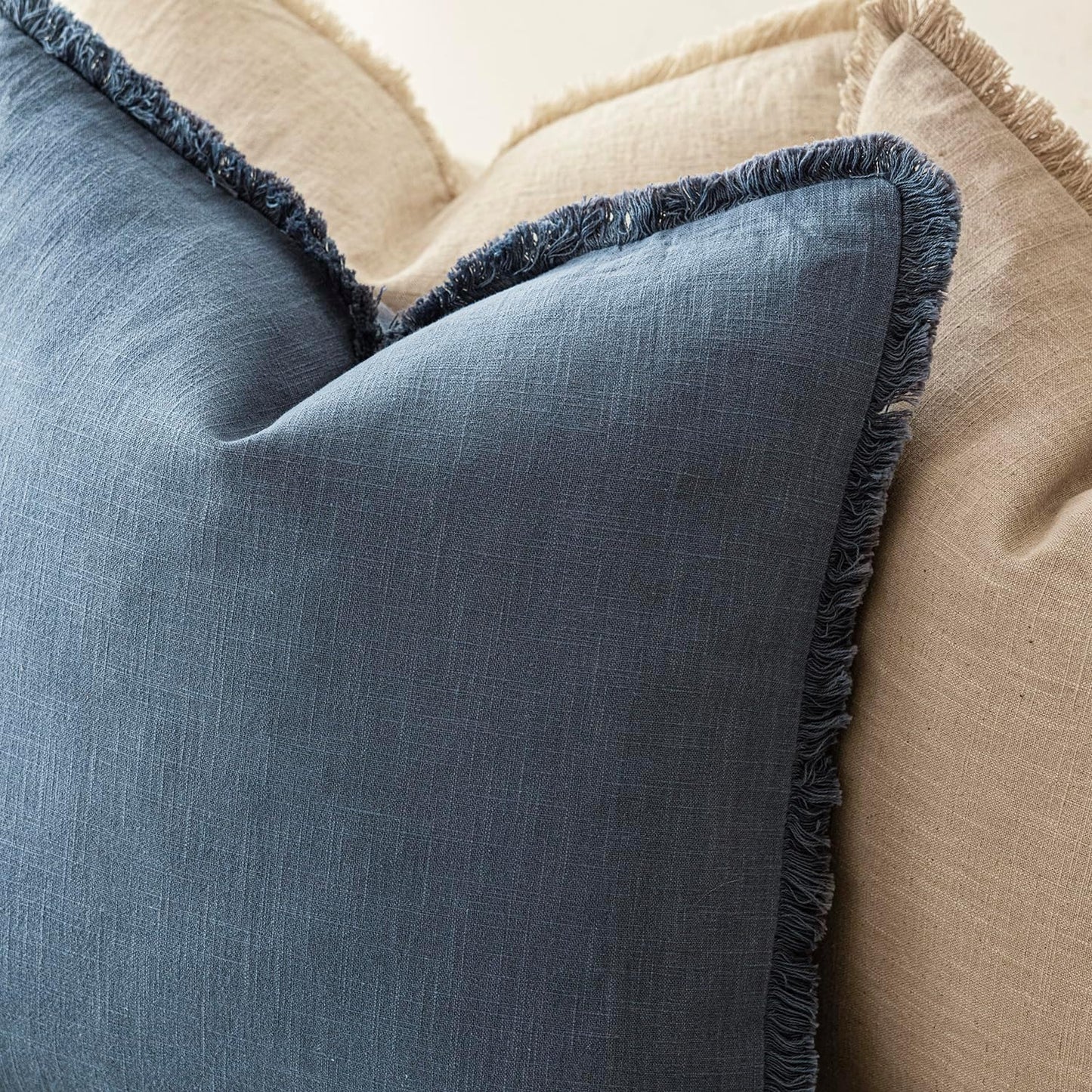 Foindtower Set of 2 Decorative Linen Fringe Throw Pillow Covers Cozy Farmhouse Cushion Cover with Tassels Accent Pillowcase for Couch Chair Sofa Bed Living Room Home Decor,22×22 Inch,Dark Blue