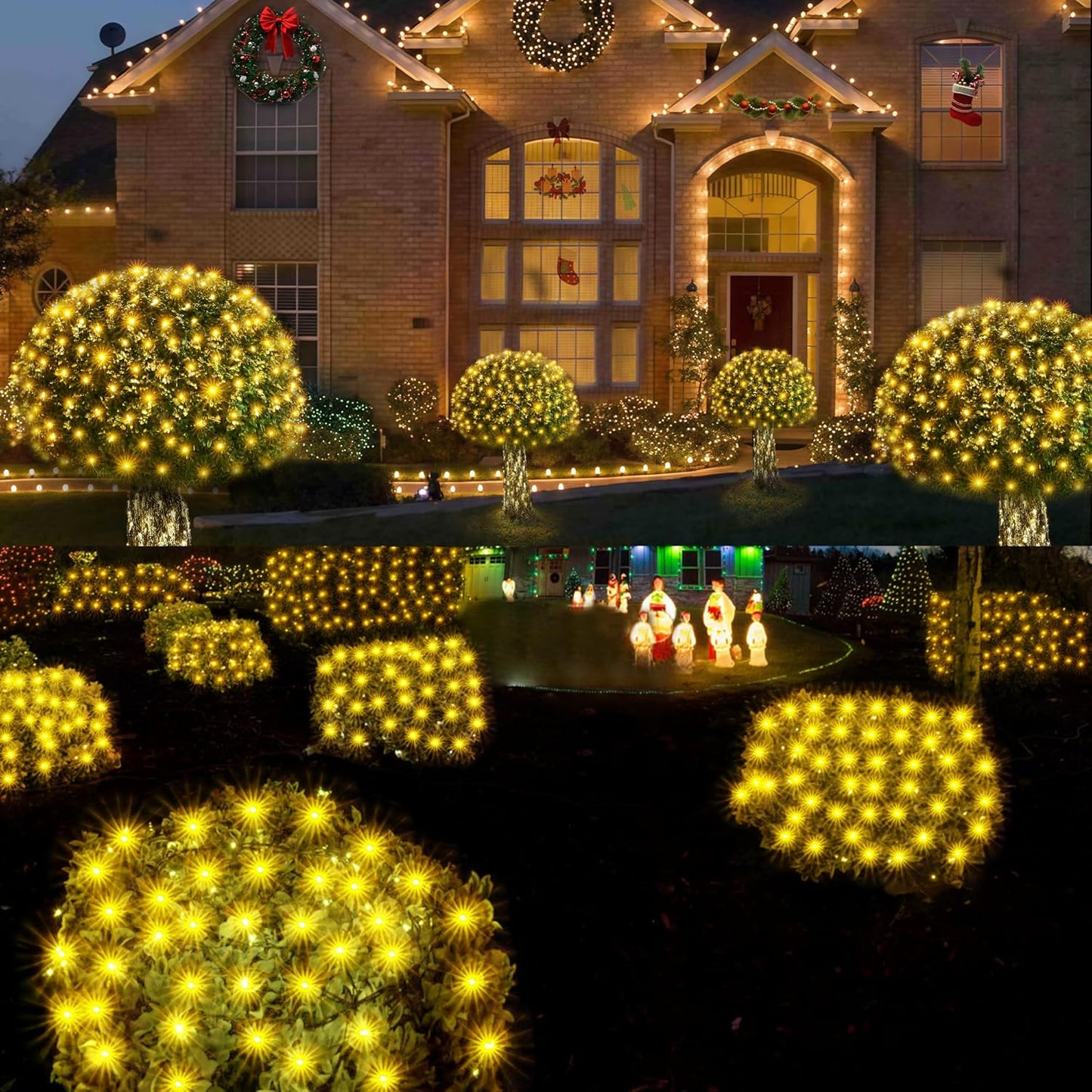 WBao Solar Christmas Lights Outdoor 200LED 8.4ft x 5.2ft Christmas Net Lights with Remote, 8 Lighting Modes, Timer, Waterproof for Lawn, Bushes, Shrubs, Trees Outdoor Christmas Decorations, Warm White