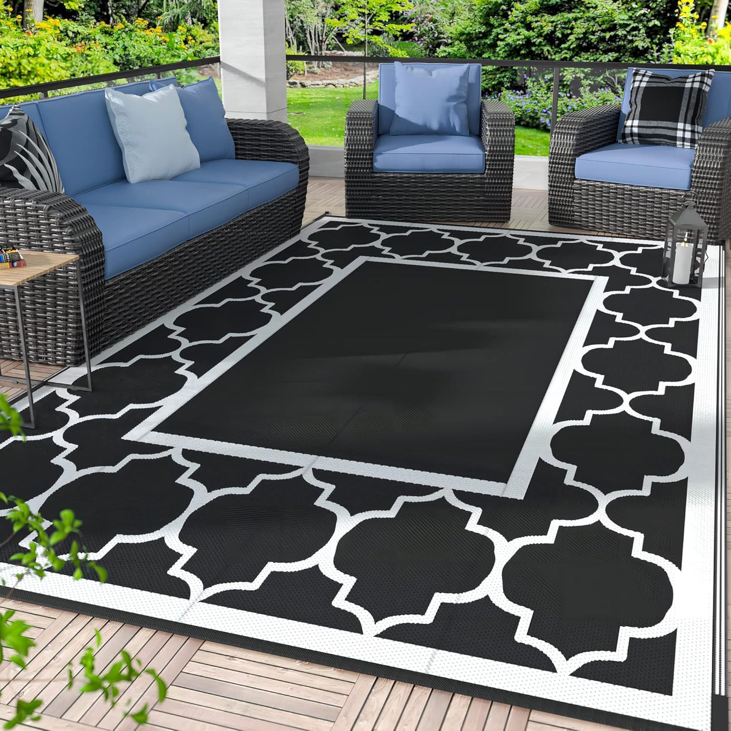 GENIMO 5' x 8' Outdoor Rug Waterproof for Patio Decor, Foldable Reversible Plastic Straw Area Rugs Mat for Camper, Outside Carpet for Rv, Deck, Porch, Picnic, Beach, Balcony, Black & White