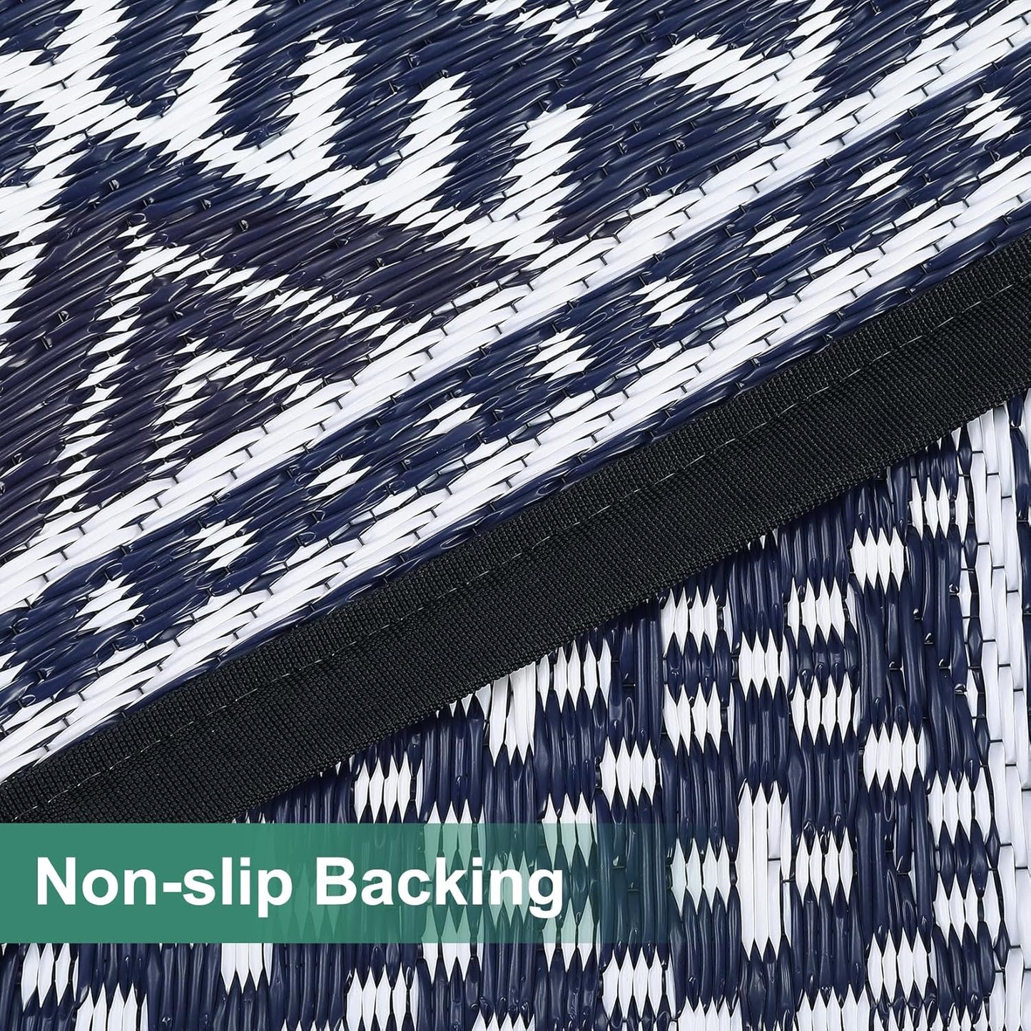GAOMON Outdoor Rug Waterproof 8'x10', Reversible Outdoor Plastic Straw Rug, Boho Patio Rug, Indoor Outdoor Carpet, RV Mat Outside for Patio, Camp, Picnic, Balcony, Deck, Dark Blue/White(Bohemia)