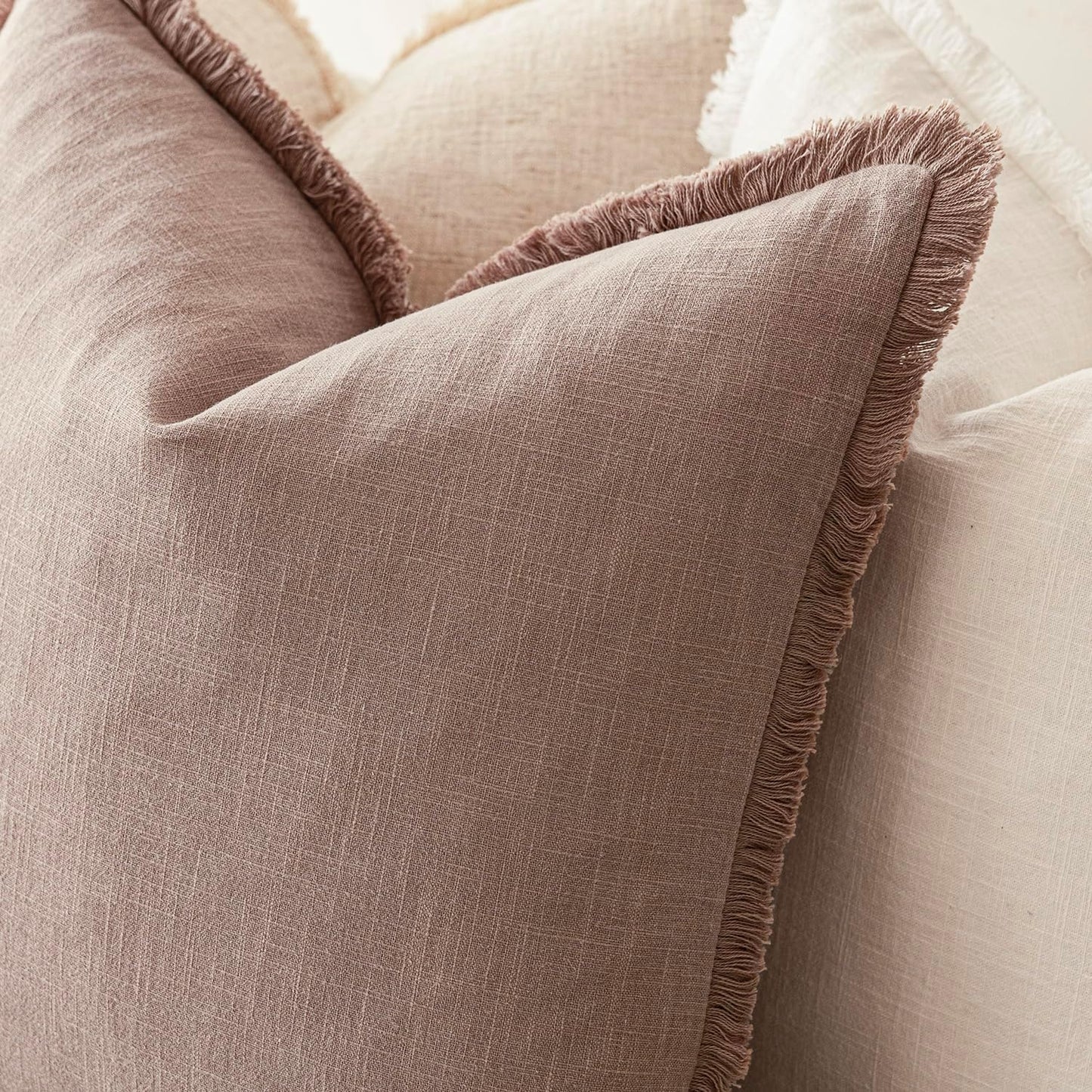 Foindtower Set of 2 Decorative Linen Fringe Throw Pillow Covers Boho Farmhouse Cushion Cover with Tassels Soft Accent Pillowcase for Couch Sofa Bed Living Room Home Decor,24×24 Inch,Dusty Pink