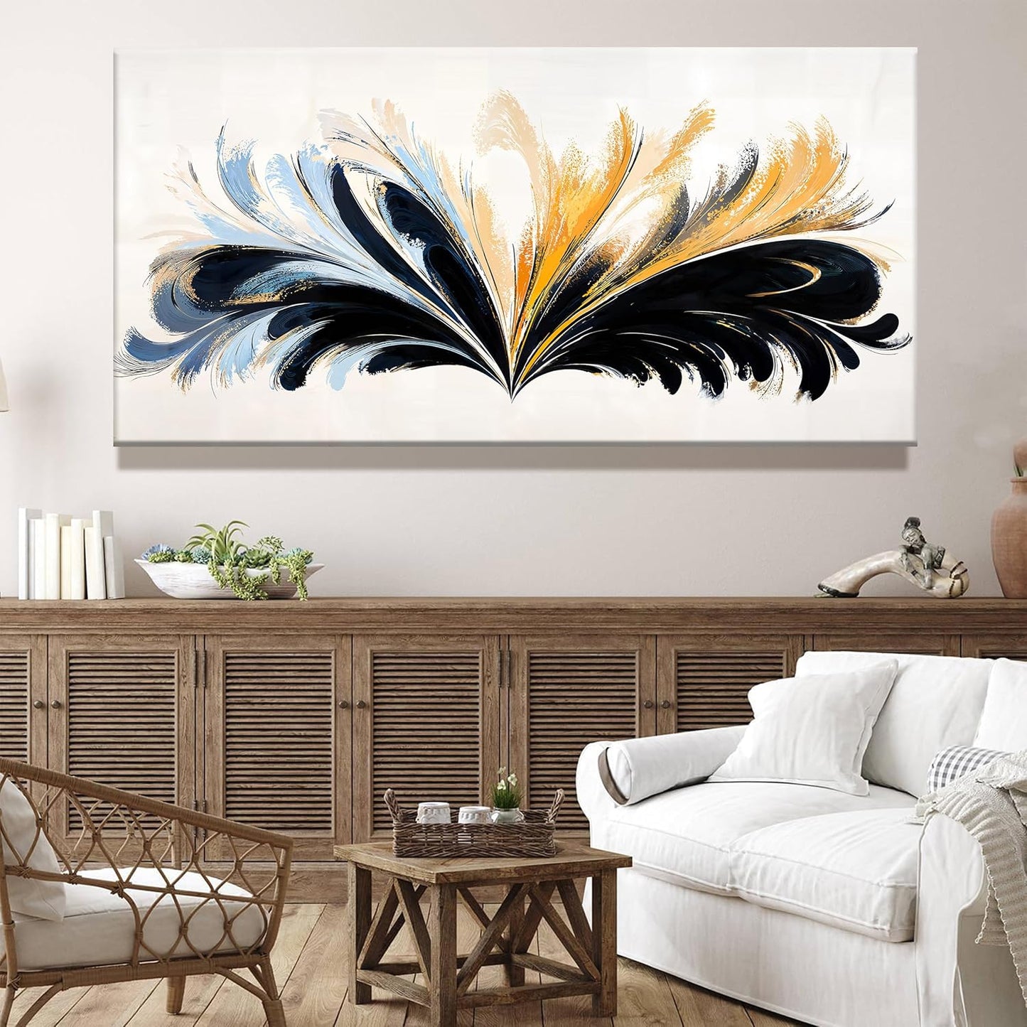 QSQ Large Black And Gold Abstract Wall Art For Living Room Canvas Art Wall Decor Abstract Blue Feather Wall Decor Print Picture For Bedroom Apartment Office Home Wall Decoration 29 X 58 Inch