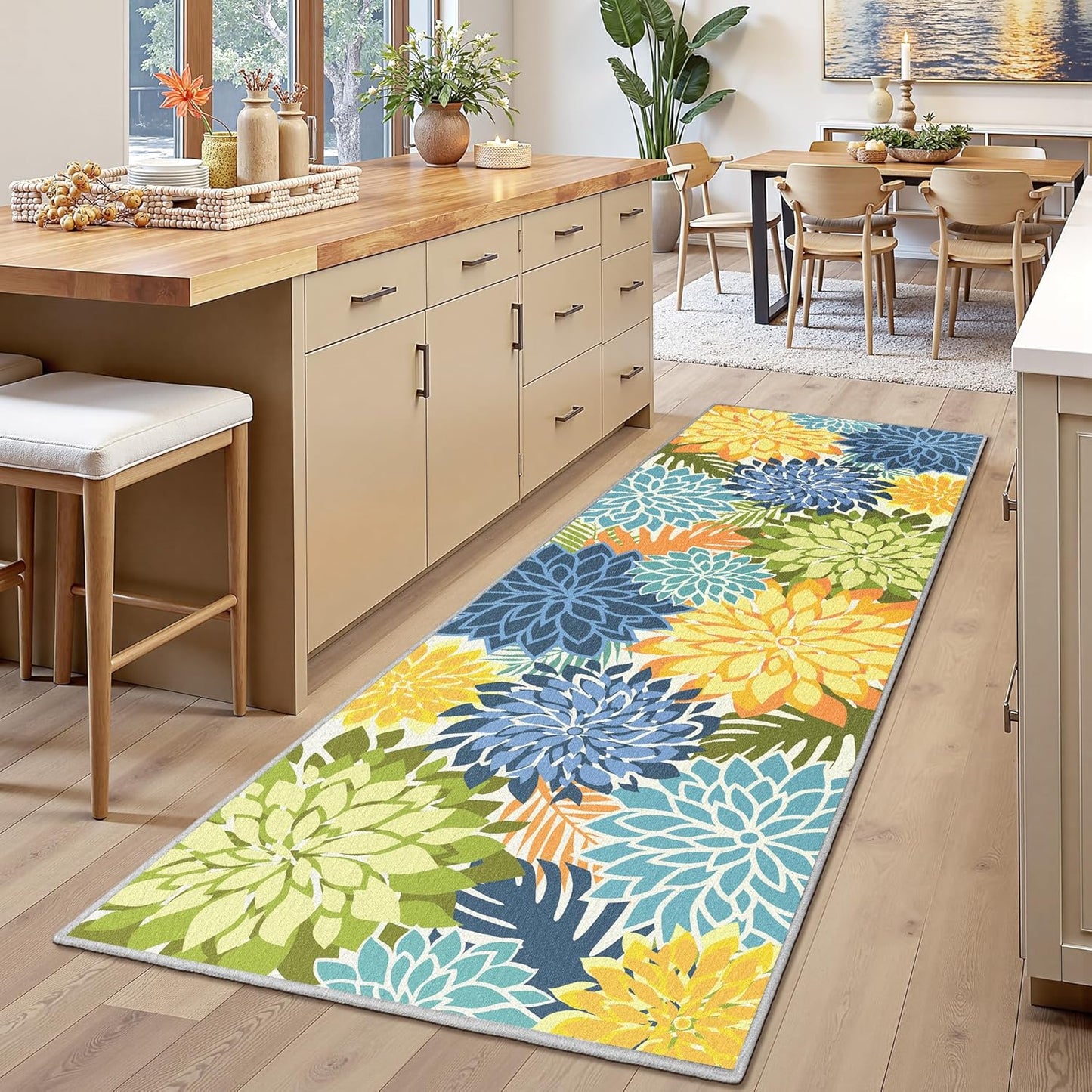 Area Rug 2x6 Yellow Green Washable Entry Rug Multicolored Tropical Botanical Modern Floral Indoor Kitchen Door Mat Entrance Carpet Non Slip for Bedroom Living Room, Porch
